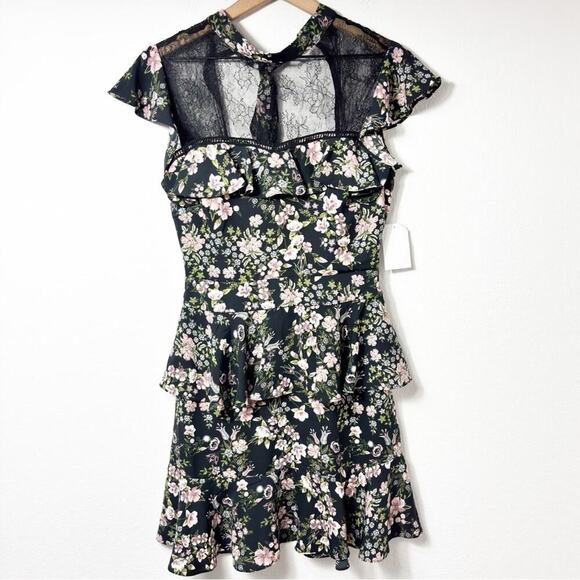 ONE ONE SIX FLORAL BLACK PINK WOMEN MINI TIER DRESS SIZE XS BRAND NEW - Picture 1 of 5